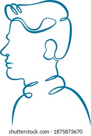 Portrait silhouette in profile of the head of a young man. One line continuous thick bold single drawn art doodle isolated hand drawn outline logo illustration.