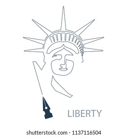 Portrait. Silhouette, Statue of Liberty USA, poster. 2018. Blue Linear Image. New York. National Symbol of America.Illustration white background.Use presentations, corporate reports,labels,logo, vecto