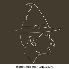 Portrait. Silhouette. Witch silhouette. Female avatar face. Halloween linear witch in a hat. Linear art. Halloween