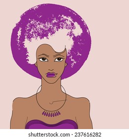 Portrait of the Singer with abstract hand drawn purple hairstyle, bead and big lips..