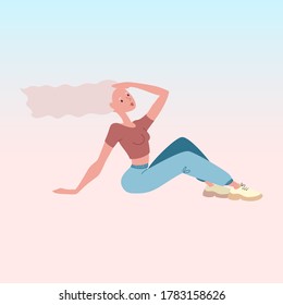 Portrait of a sitting beautiful young woman at dawn. Cartoon character on a delicate background. Summer illustration in flat style. Vector 10 EPS.