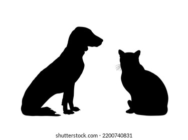 Portrait of sitting pets, domestic dog and cat vector silhouette illustration isolated on white background. Schiller hound dog and Scottish straight cat. Beware of dog. Best friends and home guard.