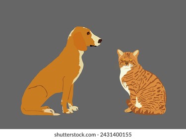 Portrait of sitting pets, domestic dog and cat vector illustration isolated on background. Schiller hound dog and Scottish straight cat. Schillerstovare. Beware of dog. Friends and home guard.