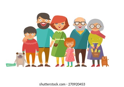 Portrait of six member happy stylish family posing together. Parents with kids, grandmother, grandfather, dog and cat. Vector colorful illustration in flat design isolated on white