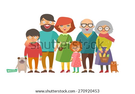 Portrait of six member happy stylish family posing together. Parents with kids, grandmother, grandfather, dog and cat. Vector colorful illustration in flat design isolated on white
