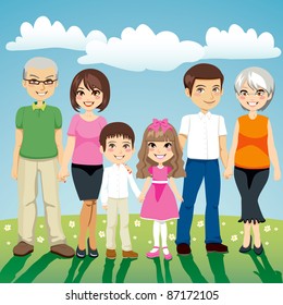 Portrait of six people extended family standing outdoors holding hands. Multi generational family concept