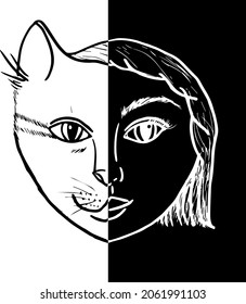 Portrait sketch of a cat woman. Half face of woman half face of cat.