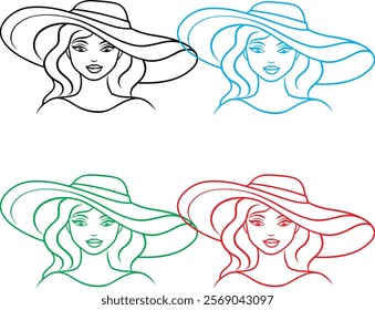 Portrait sketch, elegant woman, wide-brimmed sun hat, flowing hair, minimalist line drawing, fashion illustration, multi-color variations, black, blue, green, red, simple contours, feminine beauty, st