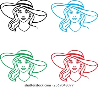 Portrait sketch, elegant woman, wide-brimmed sun hat, flowing hair, minimalist line drawing, fashion illustration, multi-color variations, black, blue, green, red, simple contours, feminine beauty, st