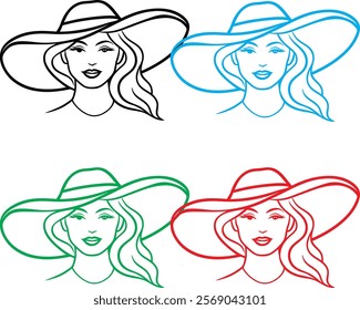 Portrait sketch, elegant woman, wide-brimmed sun hat, flowing hair, minimalist line drawing, fashion illustration, multi-color variations, black, blue, green, red, simple contours, feminine beauty, st