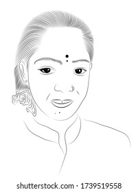 Portrait sketch of an Indian village girl - vector abstract line art 