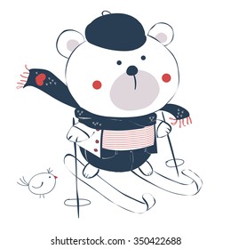  portrait of skier bear, hand drawn fashion illustration, can be used for kids' or babies' shirt designs