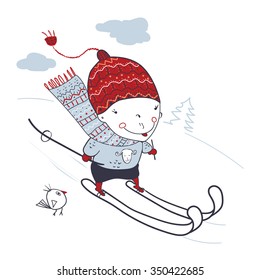  portrait of skier boy, hand drawn fashion illustration, can be used for kids' or babies' shirt designs