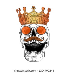 Portrait of a skull in a crown  in glasses and with a mustache. Can be used for printing on T-shirts, flyers, etc. Vector illustration