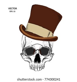 Portrait of a skull in a hat. Can be used for printing on T-shirts, flyers, etc. Vector illustration