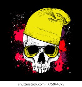 Portrait of a skull in a hat. Can be used for printing on T-shirts, flyers, etc. Vector illustration