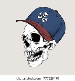 Portrait of a skull in a hat. Can be used for printing on T-shirts, flyers, etc. Vector illustration