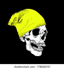 Portrait of a skull in a hat. Can be used for printing on T-shirts, flyers, etc. Vector illustration