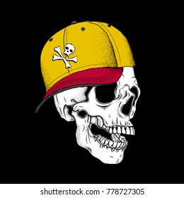 Portrait of a skull in a hat. Can be used for printing on T-shirts, flyers, etc. Vector illustration