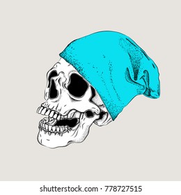 Portrait of a skull in a hat. Can be used for printing on T-shirts, flyers, etc. Vector illustration