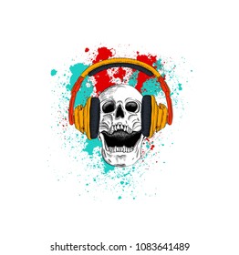 Portrait of a skull headphones on a background of blots. Can be used for printing on T-shirts, flyers, etc. Vector illustration