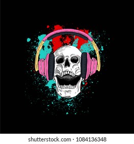 Portrait of a skull headphones on a background of blots. Can be used for printing on T-shirts, flyers, etc. Vector illustration