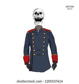 Portrait of a skull in old military uniform. Can be used for printing on T-shirts, flyers, etc. Vector illustration