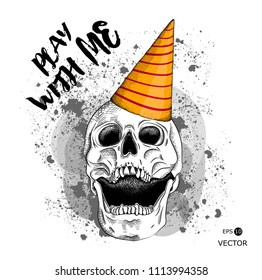 Portrait of a skull in a party hat. Can be used for printing on T-shirts, flyers, etc. Vector illustration
