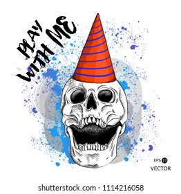 Portrait of a skull in a party hat. Can be used for printing on T-shirts, flyers, etc. Vector illustration
