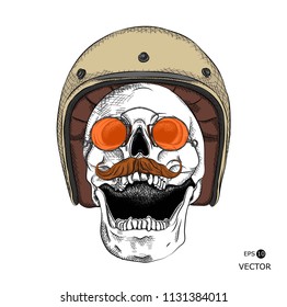 Portrait of a skull in retro motorcyclist helmet. Can be used for printing on T-shirts, flyers, etc. Vector illustration
