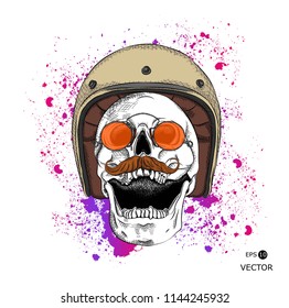 Portrait of a skull in retro motorcyclist helmet. Can be used for printing on T-shirts, flyers, etc. Vector illustration