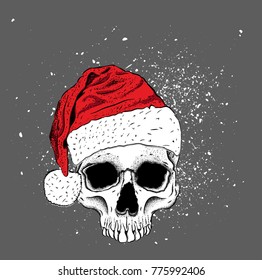 Portrait of a skull in a santa claus hat. Can be used for printing on T-shirts, flyers, etc. Vector illustration
