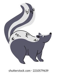 Portrait Of Skunk With Lifted Black And White Tail. Isolated Mammal With Ability To Spray A Liquid With A Strong, Unpleasant Scent. Forest Woods Animals, Wildlife And Natural Fauna. Vector In Flat 