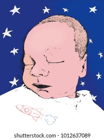 Portrait of a sleeping newborn - cosmic dreams about the future - vector illustration