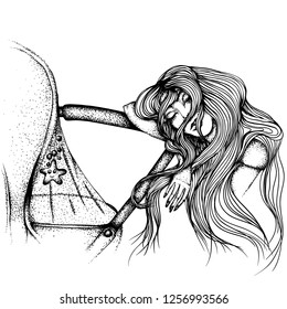 Portrait of sleeping next to the pram tired mother. Vector hand drawn illustration. Monochrome drawing isolated on white background