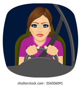 portrait of sleepy female driver dozing off while driving