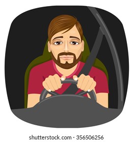 portrait of sleepy male driver dozing off while driving