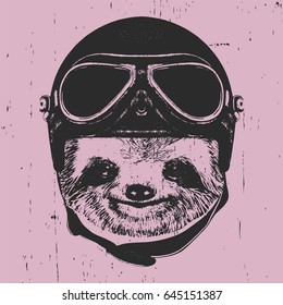 Portrait of Sloth with Vintage Helmet. Vector