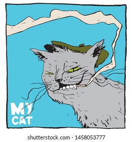 Portrait of a sly cat, wearing a cap and a cigarette. Color humorous illustration, suitable for the design of publications and poster.