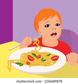 portrait of a small child who eats pasta, in a flat style