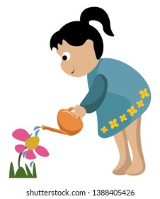 Portrait of a small girl in a blue gown  high ponytail  watering the flowers in the garden looks so cute and beautiful  vector  color drawing or illustration