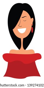 Portrait of a small girl in an orange dress with two ponytails and eyes rolled down is laughing  vector  color drawing or illustration