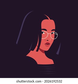 Portrait of a smart Asian woman in half-turn with pink hair and eyeglasses. Avatar for social networks. Vector illustration in flat style.