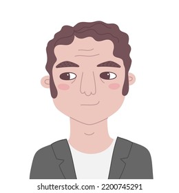 Portrait of smiling adult casual man with whiskers. Vector flat illustration of an old fashioned guy. A person with pensive face expression on white background. Hand drawn avatar for social network.