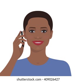 Portrait of smiling african american young girl talking on the mobile phone. Vector illustration. Technology and communication. Flat design.