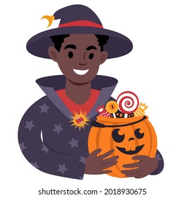 A portrait of a smiling African boyin a wizard costume holding up a carved halloween pumpkin bucket full of candy. Trick or treat tradition. Flat style vector illustration.