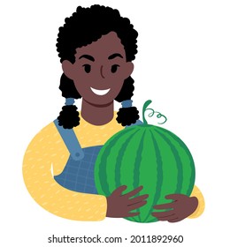 A portrait of a smiling african girl holding up a big green watermelon. Flat style vector illustration.