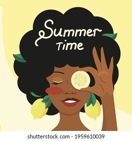 Portrait of a smiling African girl with lemons in her hands and hair.  Drawing in a cartoon style. A summer card and a place for the text. EPS 10.