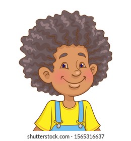 Portrait of a smiling afro american boy with curly hair. Isolated on white background. In cartoon style. Vector illustration.