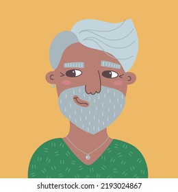 Portrait of smiling aged casual man. Vector flat illustration of a dark-skinned guy with a gray beard. Happy smiling person with positive emotions on yellow background for avatars and posters.